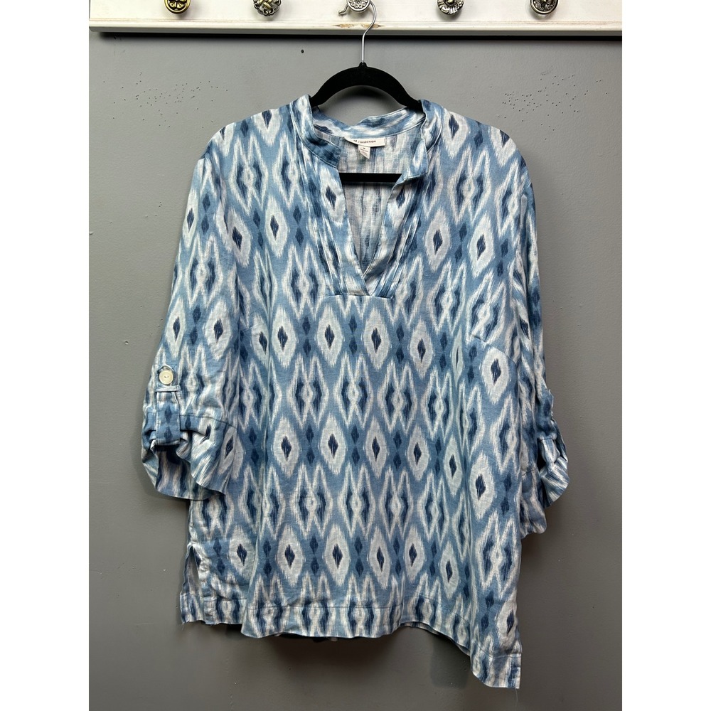 JM Collection Tunic Women 16 Blue Ikat Print Split Neck Roll‎ Tab 100% Linen Top